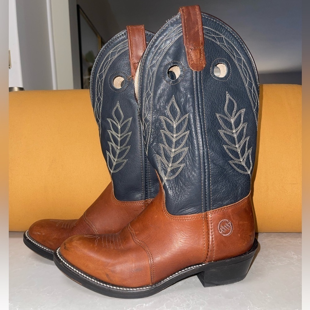 Double H Brown and Blue Cowboy Boots with Decorative Stitching EUC